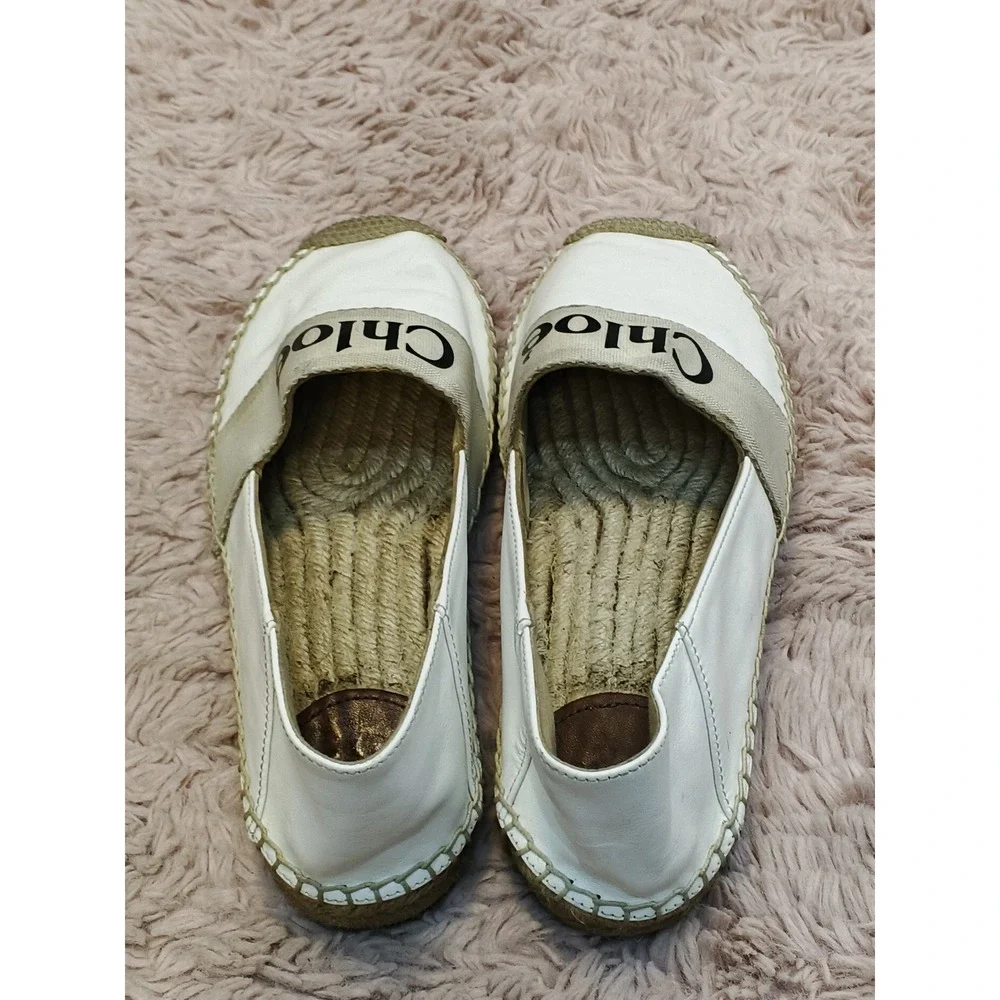 Chloe Woody Espadrille White Leather Logo Strap Slip On Flats Shoes‎
